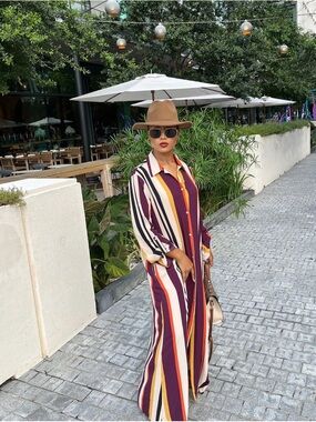 Striped Maxi 2 Piece Set in Burgundy, Mustard & Cream
